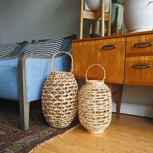 Pair of World Market candle lanterns NWT rattan hyacinth